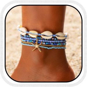 Kalsw-Ensemble De Bracelets De Cheville En Coquillages-Style Bohème-Étoile De Mer-Bracelet De Cheville Réglable-Accessoire Pour Femme - Neuf