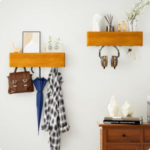 Porte Manteau Mural Bois, Pat&egrave;res Portemanteaux pour Entr&eacute;e, Lot de 2 Meuble Entr&eacute;e,Vestiaire Flottant, &Eacute;tag&egrave;re Suspendue, pour Chambre, Salle de Bain, Marron - Neuf