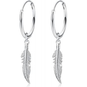 Cmjaagur-Boucles D'oreilles Créoles Avec Pendentif Plume 925 Argent Femme Hypoallergénique Anneau Oreille Pendantes Pour Femme Homme Fille[M112] - Neuf