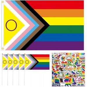 Mevronisshop-Drapeau Lgbt Arc-En-Ciel, Drapeau Gay Pride De Fiert&eacute; Progressif 90 X 150 Cm + 5 Petits Drapeaux Arc-En-Ciel + 50 Autocollants, Lgbtq Flag Accessoires Pour Marche Des Fiert&eacute;s &Eacute;v&eacute;nement I - Neuf