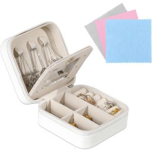Petite Boîte À Bijoux Pour Femme Avec Miroir, 10 * 10 * 5Cm Mini Boite A Bijoux De Voyage En Cuir Et Velours, Portable Boite A Bijoux Fille, Boîte De Rangement De Bijoux De Voyage (Blanc) - Neuf