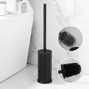 Brosse WC et support en silicone noir avec 2 têtes de brosse pour salle de bain, ronde - Neuf