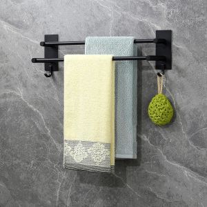 Porte Serviette Salle De Bain Sans Percage Barre Porte-Serviettes En Acier Inoxydable Bross&eacute; Autocollant Double Avec 2 Crochets De Serviette Mural Pour Salle De Bain Cuisine - Neuf