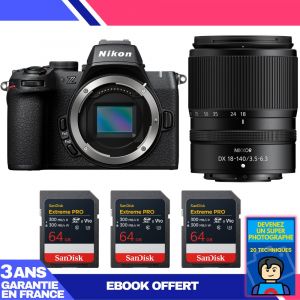 Boitier Nikon Z50 II + 18-140mm f/3.5-6.3 VR + 3 SanDisk 64GB Extreme PRO UHS-II SDXC + Ebook 'Devenez Un Super Photographe - Neuf
