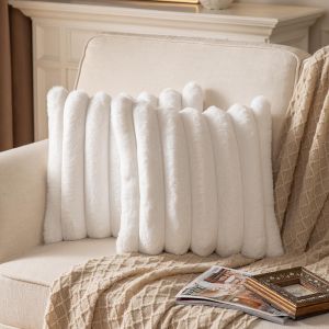 Cauc-Lot De 2 Housse De Coussin Rayures En Fausse Fourrure Taie D'oreiller Confortable Moderne D&eacute;corative Convient Pour Famille Salon Chambre Canap&eacute; - Lit Coussin 50x50 Cm Blanc Cr&egrave;me - Neuf