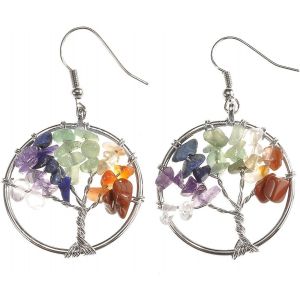 Paire Clou Boucle D'oreille Arbre De Vie Crochet 7 Chakra Pierres Naturelles Perles D'energie Cuivre Tib&eacute;tain Bouddhiste Avec Pendentif Arbre De La Vie Bijoux De Corps Beaut&eacute; - Neuf