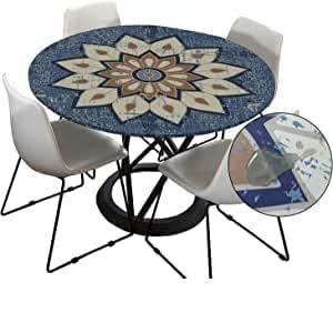 Sjzg-Mandala Rondes Nappes Avec Bord Élastique, Imprimé Nappes Rondes Anti Taches Lavable, Imperméable Polyester Nappe De Table Pour Cuisine Jardin Fête Table (Bleu Gris,100cm) - Neuf