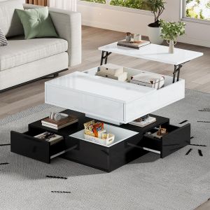 Table basse 70x70x40cm, plateau pivotant 360&deg;, 3 tiroirs, relevable, blanc/noir - Neuf
