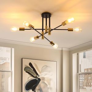 Yemaesre-Plafonnier Lustres Industriel, 6 Lumières Plafonnier Vintage Noir Or Suspension Luminaire Moderne Pour Salon Chambre Cuisine Restaurant Bar Café, Douille E27 (Sans Ampoules) - Neuf