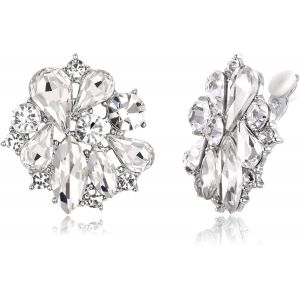 Boucles D'oreilles Clip D'oreille Fleur Pour Femme Fille Cristal Strass Quatre Gouttes D'eau Clair Ton D'argent.[X2914] - Neuf