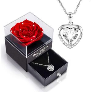 Rose Éternelle Avec Strass Roses Préservées Bijoux Boîte Cadeau Avec Collier Coeur D'ange En Argent Sterling 925 Saint Valentin Fête Des Mères Anniversaire Anniversaire Pour Maman Soeur Femme - Neuf
