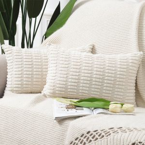 TIANYI-Lot de 2 Housses de Coussin en Velours c&ocirc;tel&eacute; ray&eacute; Boho Housse de Coussin d&eacute;corative Douce pour canap&eacute; Chambre &agrave; Coucher Beige 40 x 60 cm - Neuf