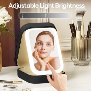 Led Mirror, Illuminated Travel Mirror With Jewellery Organizer, 3 Light Colors, Adjustable Brightness, Usb Rechargeable, Ideal For Bedroom, Dressing Table, Black - Neuf