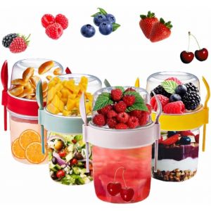 Checarzhn--No1-Vl Lot De 4 Pots À Yaourt Réutilisables 650 Ml Avec Cuillère Et Fourchette, Sans Bpa, Pour Céréales En Déplacement, Passent Au Lave-Vaisselle, Boîtes À Repas D'avoine, Lot De 4 (Rouge, - Neuf