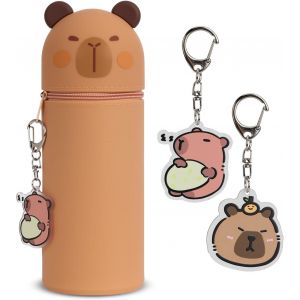Chenquansarl-Kawaii - Trousse 2 En 1 En Silicone Souple - Porte-Stylo Avec Porte-Cl&eacute;s - Motif Dessin Anim&eacute; - Pour Fille Et Gar&ccedil;on, Marron, Capybara - Neuf