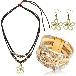 Boh&egrave;me Bijoux Pour Femme, Boho Bracelet En Cuir Multicouche, Collier De Vintage Fleur Pendentif Bois Perle, Boucles D'oreilles Pendantes &Agrave; Fleurs Creuses, Ensemble De Bijoux Occidentaux - Neuf