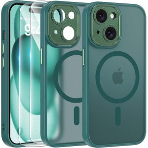 Magn&eacute;tique Coque Pour Iphone 15 Avec 2 Verre Tremp&eacute;, Compatible Avec Magsafe, Protection D'Objectif Tout Compris, Etui Mat Arri&egrave;re Housse Fine Antichoc Case Iphone 15 6.1"", Vert - Neuf