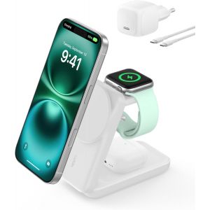 Ultracharge Chargeur Induction 3 En 1 Qi2, Station De Charge Magn&eacute;tique 25w, Chargeur Sans Fil Compatible Avec Magsafe Pour Iphone 16, Apple Watch, Airpods, Pixelsnap Avec Adaptateur 45w, Bl[Z4348] - Neuf