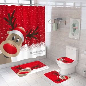 4PCS No&euml;l Elk Rideau de Douche Sets de, de No&euml;l Rideau de Douche avec des Ensembles de Tapis, Toilette d'un Couvercle et de Tapis de Bain pour salle de Bain D&eacute;coration de No&euml;l, D&eacute;coration salle de B - Neuf