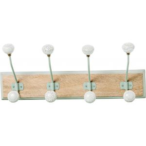 Porte-manteau mural en bois avec 4 crochets en m&eacute;tal et c&eacute;ramique en blanc, vert et naturel 19 x 48 x 14 cm - Neuf