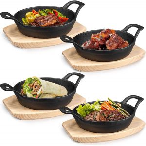 SUBZONAL-Lot de 4 mini po&ecirc;les en fonte 16 cm &iquest; Po&ecirc;les rondes avec base en bois &iquest; Plaques &agrave; fajitas antiadh&eacute;sives pour cuisson au four et service chaud int&eacute;rieur ext&eacute;rieur - Neuf