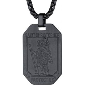 Kal-M&eacute;daille Saint Christophe Femme Homme Pendentif St Patrons Catholique Religieux Collier Amulette De Protection Plaqu&eacute; Or/Noir/Acier Inoxydable Bijoux Porte Bonheur (Bo&icirc;te Cadeau) - Neuf