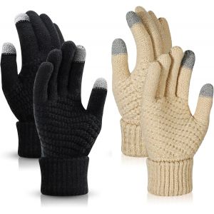 2 Pairs Of Women's Winter Knitted Gloves, Some Warm Gloves, Touch Screen Gloves With Fine Fleece Lining, Suitable For Leisure Activities, Black & White, One Size"".[J46] - Neuf