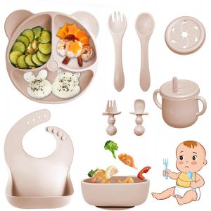 Kal-Coffret Repas Bebe 9 Pi&egrave;ces, Vaisselle Antiderapant Pour B&eacute;b&eacute; Set Silicone Avec Ventouse Assiette Bol Fourche Cuill&egrave;re Bavoir Et Tasse, Assiette Enfant Set, Sans Bpa (Beige) - Neuf