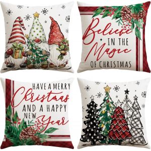 CAUC-Lot de 4 housses de coussin de No&euml;l - 50 x 50 cm - D&eacute;coration de No&euml;l - Motif arbres de No&euml;l (arbres de No&euml;l nains) - Rouge - Neuf