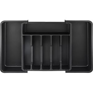 Range-Couverts,Rangement Tiroir Cuisine,Range-Couverts Extensible Pour Tiroirs,En Plastique,Avec 8 Compartiments,Adapt&eacute; Aux Cuill&egrave;res,Fourchettes,Couteaux (33,5-56,5x6x37,5cm) (Noir) - Neuf