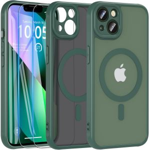 Maa-Magnétique Coque Pour Iphone 13 Avec 2 Verre Trempé, Compatible Avec Magsafe, Protection Antichoc Coque Etui Mat Arrière Housse Case Pour Iphone 13 6.1"" (Vert) - Neuf