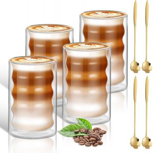 Ytfhg-Tasse Latte Macchiato Double Paroi 4 X 400ml Tasse A Cafe Double Paroi Avec 4 Cuillère Tasses À Latte Macchiato Résistantes À La Chaleur Tasse En Verre Transparent - Neuf