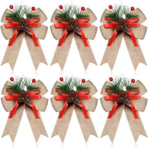 12pcs No&euml;l Toile De Jute Noeud Avec Pommes De Pin Aiguilles De Pin No&euml;l &Agrave; Carreaux Ruban No&euml;l Arbre De No&euml;l - Neuf