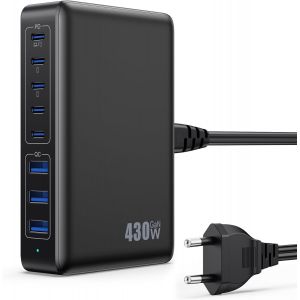 JGD-430W Chargeur USB Multiple, 8 Ports GaN &iquest; Tech PD 100W Chargeur Rapide QC PPS Prise USB C Multiple Station de Charge Compatible avec MacBook Pro/Air Laptop, iPhone, iPad Pro,Galaxy, SteamDeck - Neuf