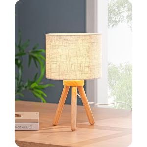 Kal-Lampe De Chevet En Bois À Trépied, Abat-Jour En Lin, E27 Ampoule Led Incluse, 2700k Blanc Chaud, Lampe De Table Moderne Pour Chambre À Coucher, Salon, Bureau, Hôtel, Beige - Neuf