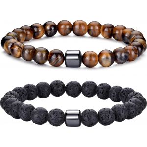 Kalanka-Bracelet ?il De Tigre Pour Hommes, Ensemble De Bracelets De Perles En Pierre Naturelle De 8mm, Bracelets Extensibles En Pierre De Lave, Réglables, En Perles De Cristal Noir, Cadeaux Pour Homm - Neuf