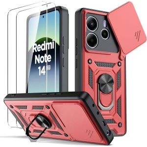 Thsds-- Coque Pour Xiaomi Redmi Note 14 5g, [2 Protecteur Verre Trempé] Avec Couvercle Coulissant De Caméra, Support D`Anneau Rotatif, Coque De Protection Antichoc Anti-Rayures - Rouge - Neuf