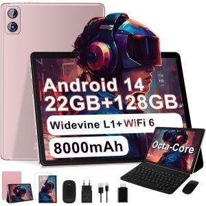 KALWS-2025 Tablette Tactile 10 Pouces Android 14 Tablet,22Go+128Go Rom/Tf 1Tb,8000Mah,Ufs 2.1 Flash,Octa-Core 2.0Ghz,Wifi 5G+2.4G,Bt5.0,8Mp+5Mp,Widevine L1,Avec Clavier Souris-Or - Neuf