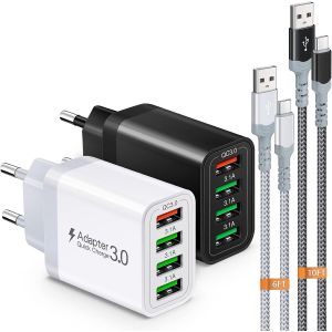 LORANKA-Chargeur USB, bloc d'alimentation 4 ports 33 W avec chargeur rapide QC 3.0 USB, multiple, avec 2 c&acirc;bles de charge rapide de 2 m/3 m, adaptateur pour Samsung Galaxy S24/23/22/21, iPad Pro, LG, - Neuf