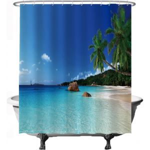 KALANKA-Rideau de Douche - Plage Nature Mer &icirc;le Palmier - 180 x 200 cm - Lavable - Anti Moisissure - Imperm&eacute;able - avec 12 Anneaux - Bleu - Neuf
