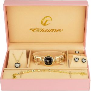 Coffret Cadeau Montre Femme Noir - Parure De Bijoux- Collier-Bague- Boucles D'oreilles - Bracelet - Neuf