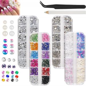 Kal-Lot De 6 800 Strass, Strass Et Perles Semi-Circulaires, Strass En Cristal Ab, Avec Pince &Agrave; &Eacute;piler Et Stylo, Strass &Agrave; Dos Plat Pour Ongles/Bricolage (Plusieurs Tailles Et Couleurs) - Neuf