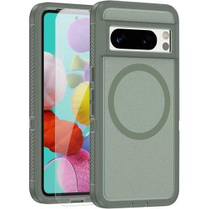 LORANKA-ESONG Magn&eacute;tique Mat Coque pour Google Pixel 8 Pro Compatible avec MagSafe,Case de Protection de qualit&eacute; Militaire Housse Rigide avec 1*Verre Tremp&eacute;,&Eacute;tui PC Dur Antichoc,Vert - Neuf