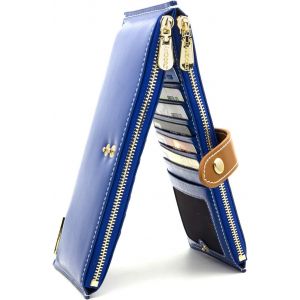 Portefeuille multi-usages en cuir pour femme, organiseur de cartes avec poche zippée pour téléphone portable, bleu - Neuf