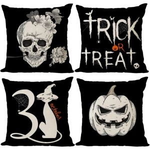 Lot de 4 housses de coussin Halloween 45x45cm Décor citrouille Trick or Treat Housses de coussin Halloween crâne noir - Neuf