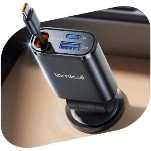 Thef-3 En 1 Chargeur Allume Cigare Voiture Usb C - [75 Cm Câble Type-C Rétractable] 50w Charge Rapide Chargeur Voiture Avec Usb-C/Usb-A, 180° Pliable Prise 12v/24v Pour Iphone, Android - Noir - Neuf