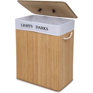 MEVRONISSHOP-Panier &agrave; Linge Pliable en Bambou 52 x 32 x 62.5cm Corbeille &agrave; Linge avec 2 Compartiments et Sac Amovible Lavable Naturelle 100L, Naturelle - Neuf