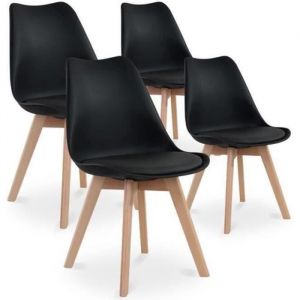 Lot De 4 Chaises De Salle À Manger Scandinave Siège Cuisine Pieds En Bois De Hêtre Massif Noir - Neuf