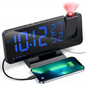 Réveil projecteur avec radio,horloge numérique,réveil avec port USB,3 luminosité réglable - Neuf