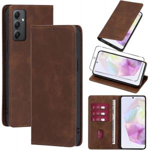 KAL-Coque Cuir Pour Samsung Galaxy A35 6.6"" Avec 1 Verre Tremp&eacute; Etui &Agrave; Rabat En Pu Porte-Cartes Portefeuille Support Flip Housse Magn&eacute;tique Antichoc Anti-Rayures Case,Marron - Neuf